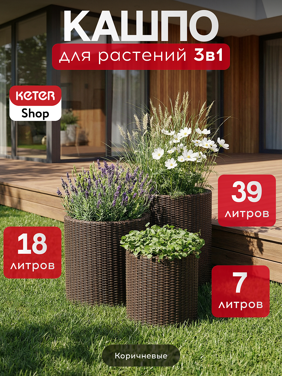 Цилиндрическое кашпо под ротанг 3 шт (Keter 3 size) коричневый