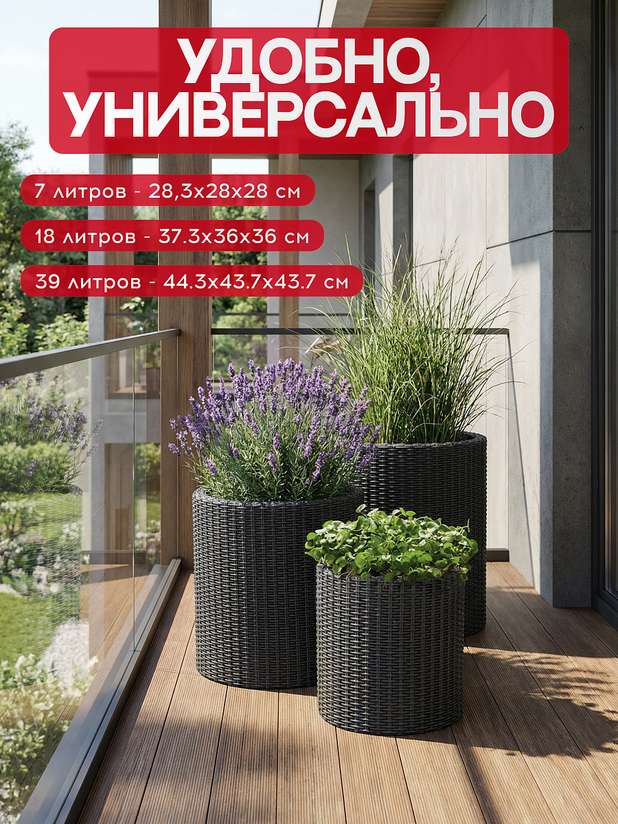 Цилиндрическое кашпо под ротанг 3 шт (Keter 3 size) графит