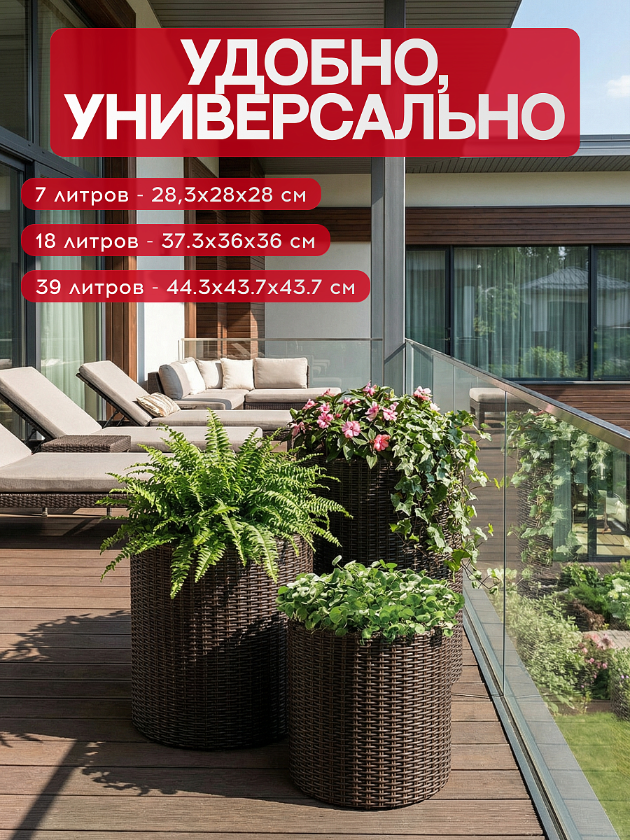 Цилиндрическое кашпо под ротанг 3 шт (Keter 3 size) коричневый